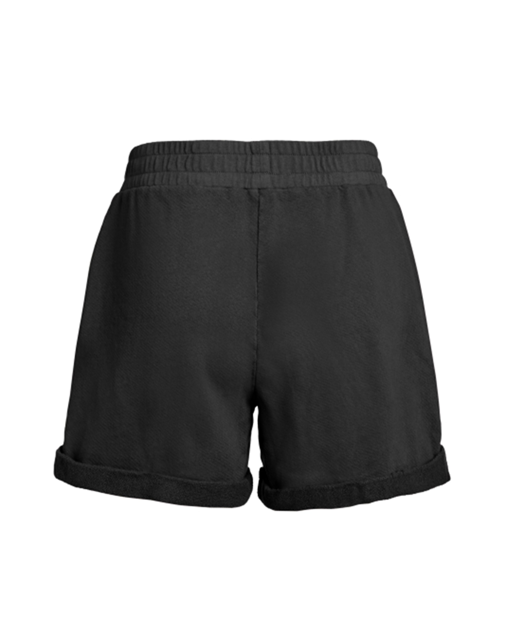 Back flat lay of black organic cotton pleated sweat shorts