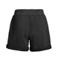 Back flat lay of black organic cotton pleated sweat shorts