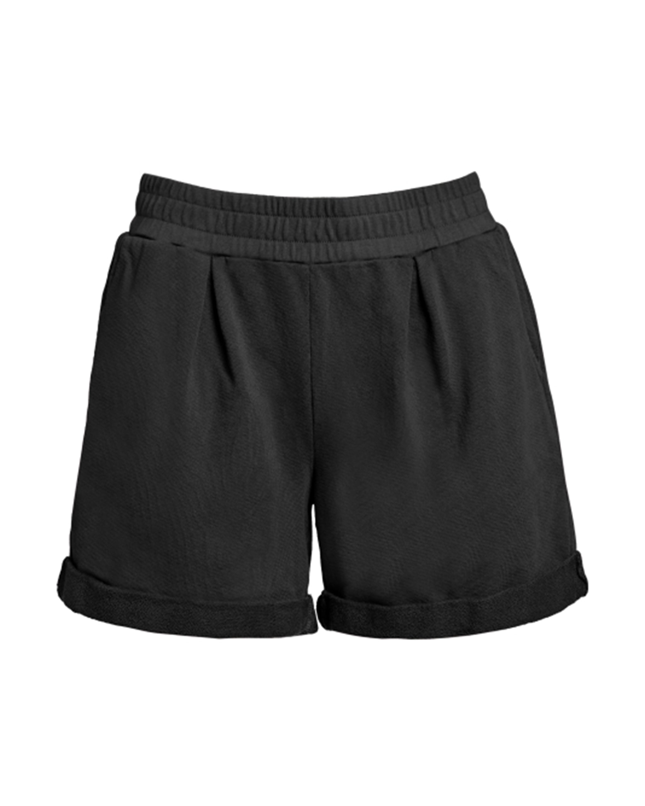 Front flat lay of black organic cotton pleated sweat shorts