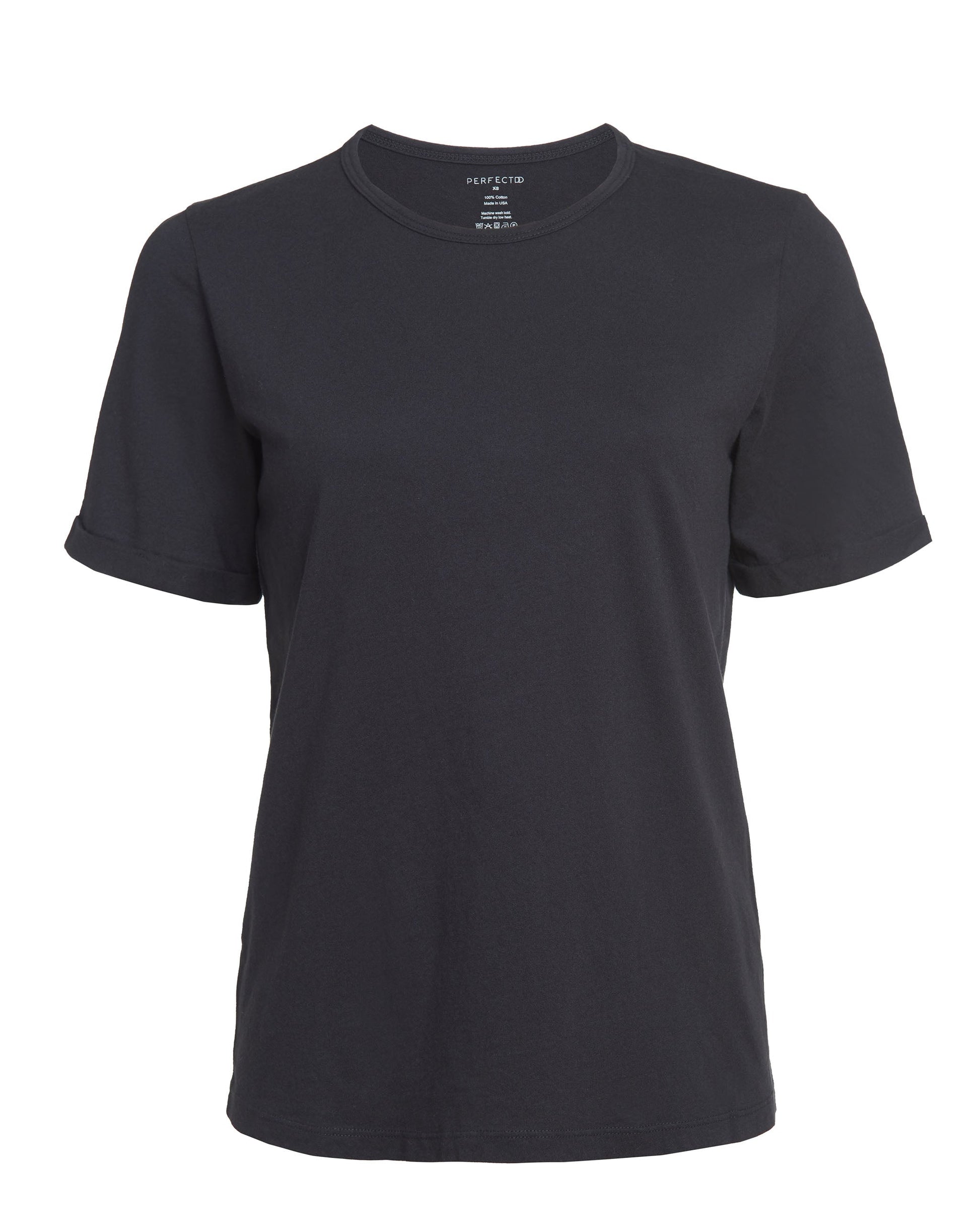 Front flat lay of black cotton rolled sleeve tshirt