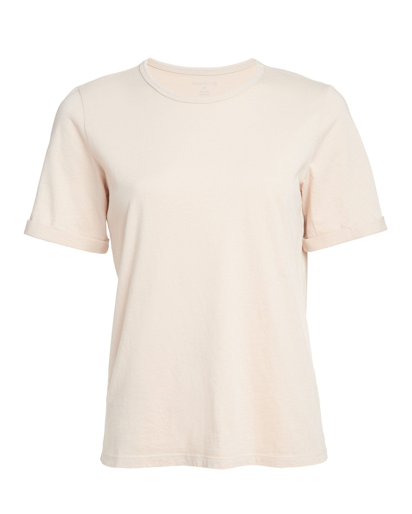 Front flat lay of latte cotton rolled sleeve tshirt