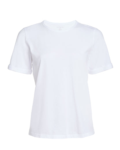 Front flat lay of white cotton rolled sleeve tshirt