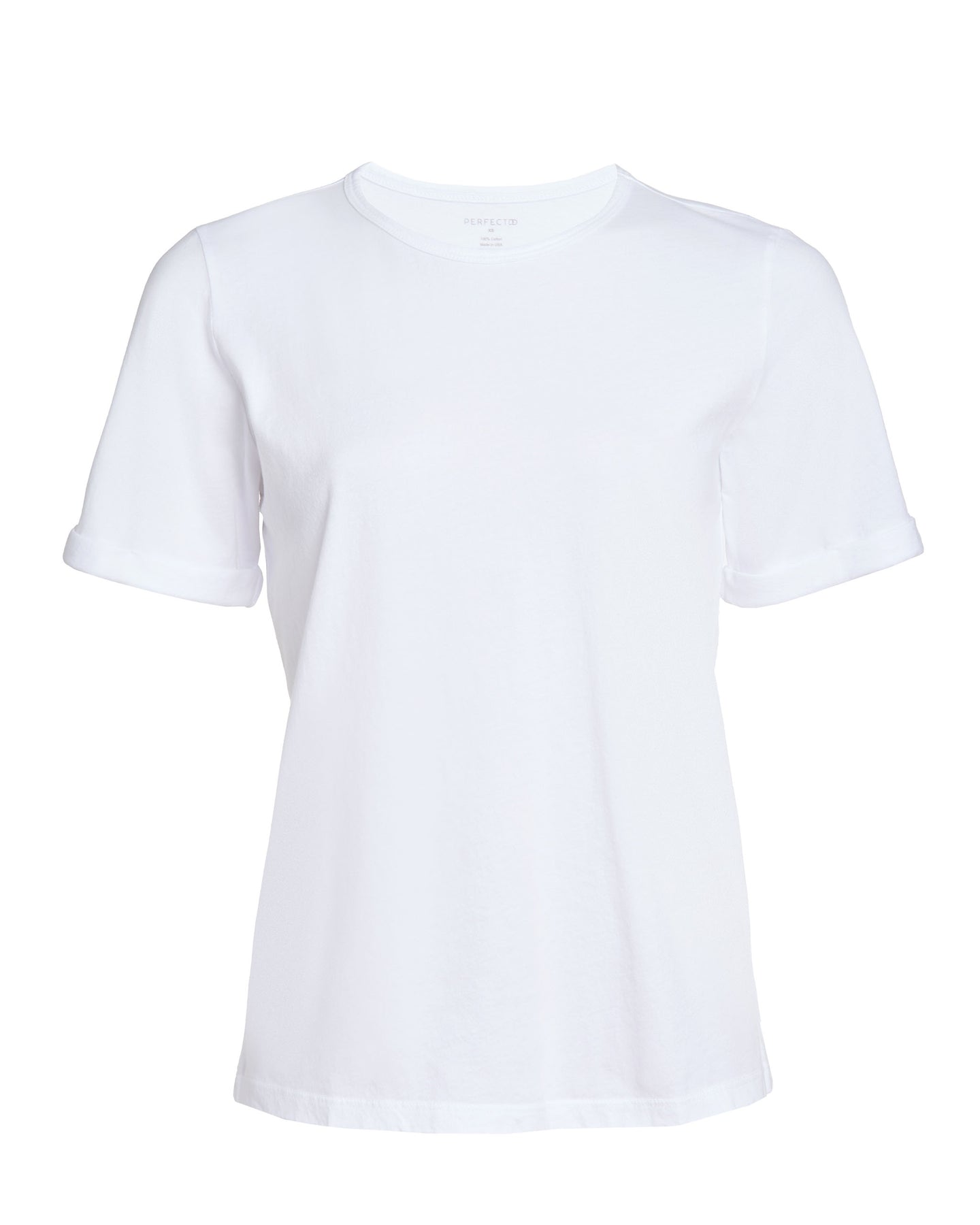 Front flat lay of white cotton rolled sleeve tshirt