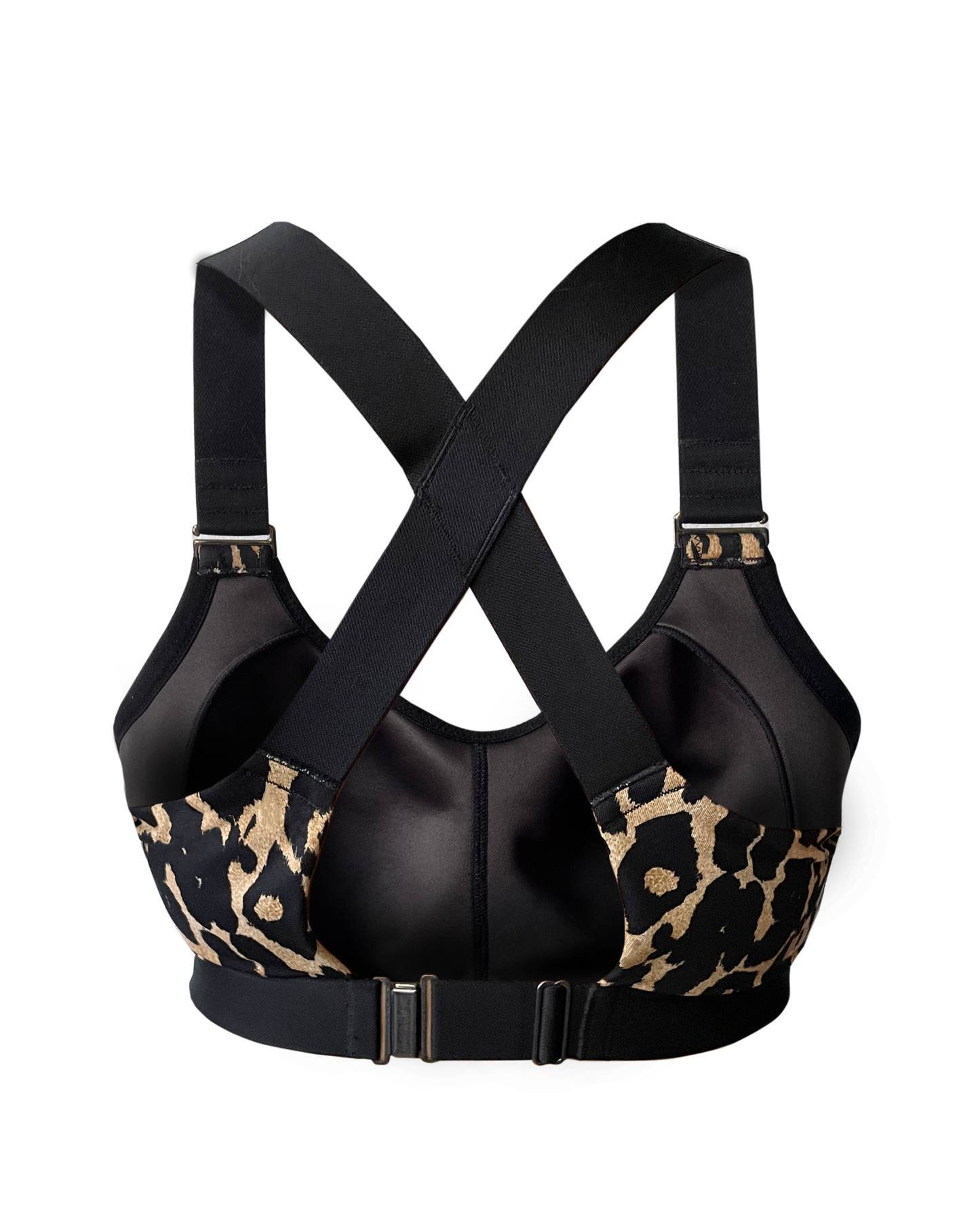 Back flat lay of leopard recycled polyester sports bra with magnetic closure and adjustable slider