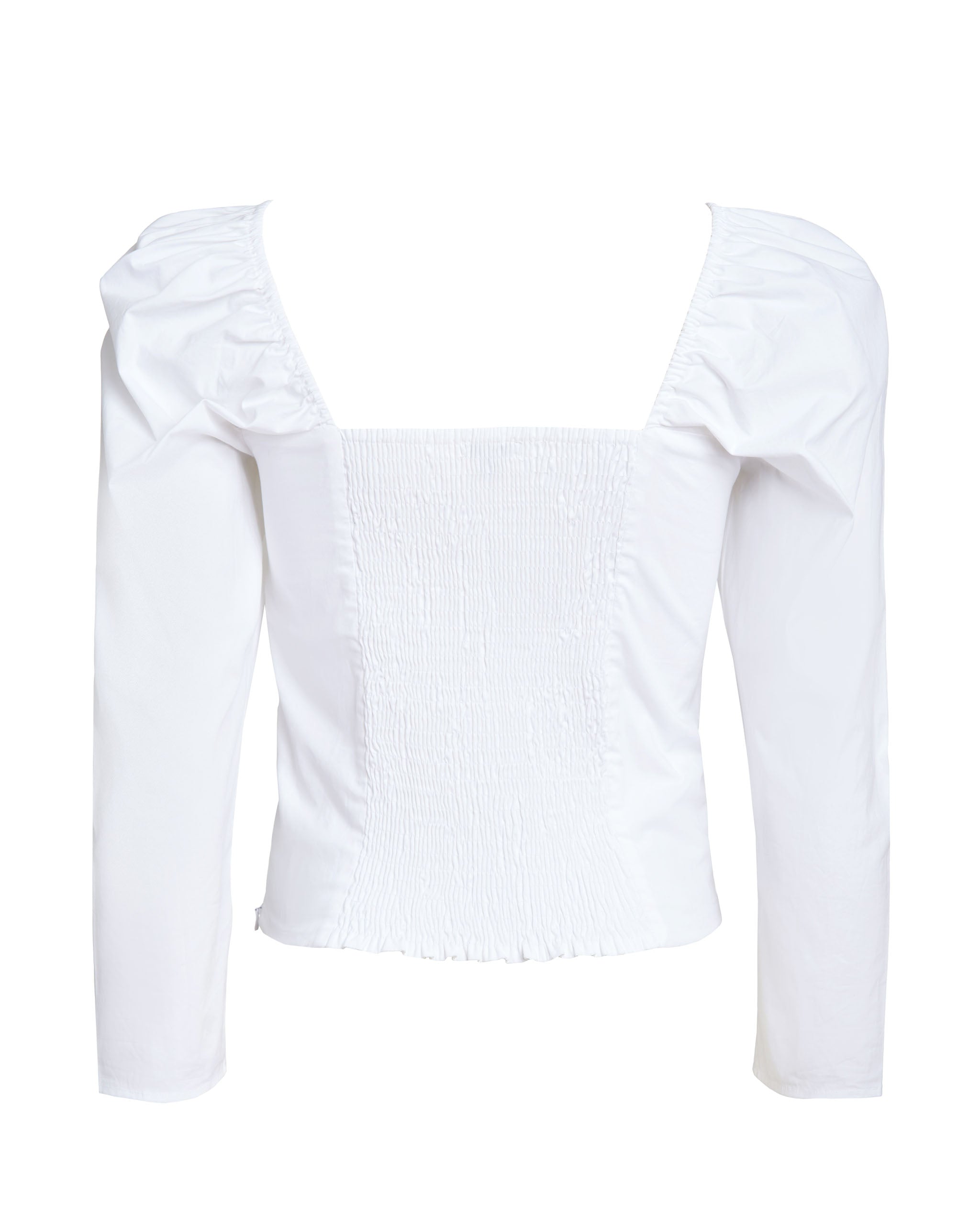 Back flat lay of white cotton top with ruched elastic back 