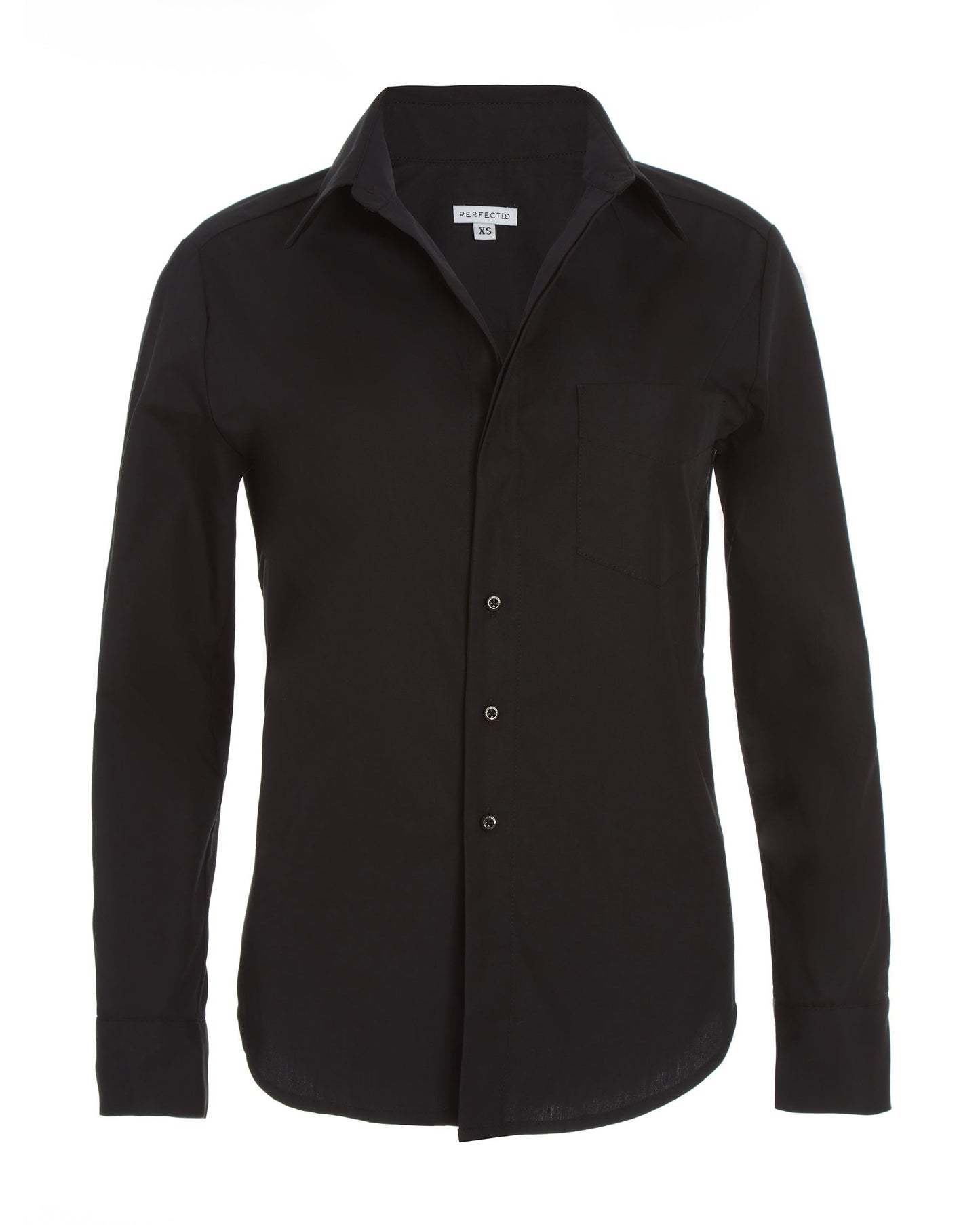 Front flay lay of black cotton long sleeve classic button down