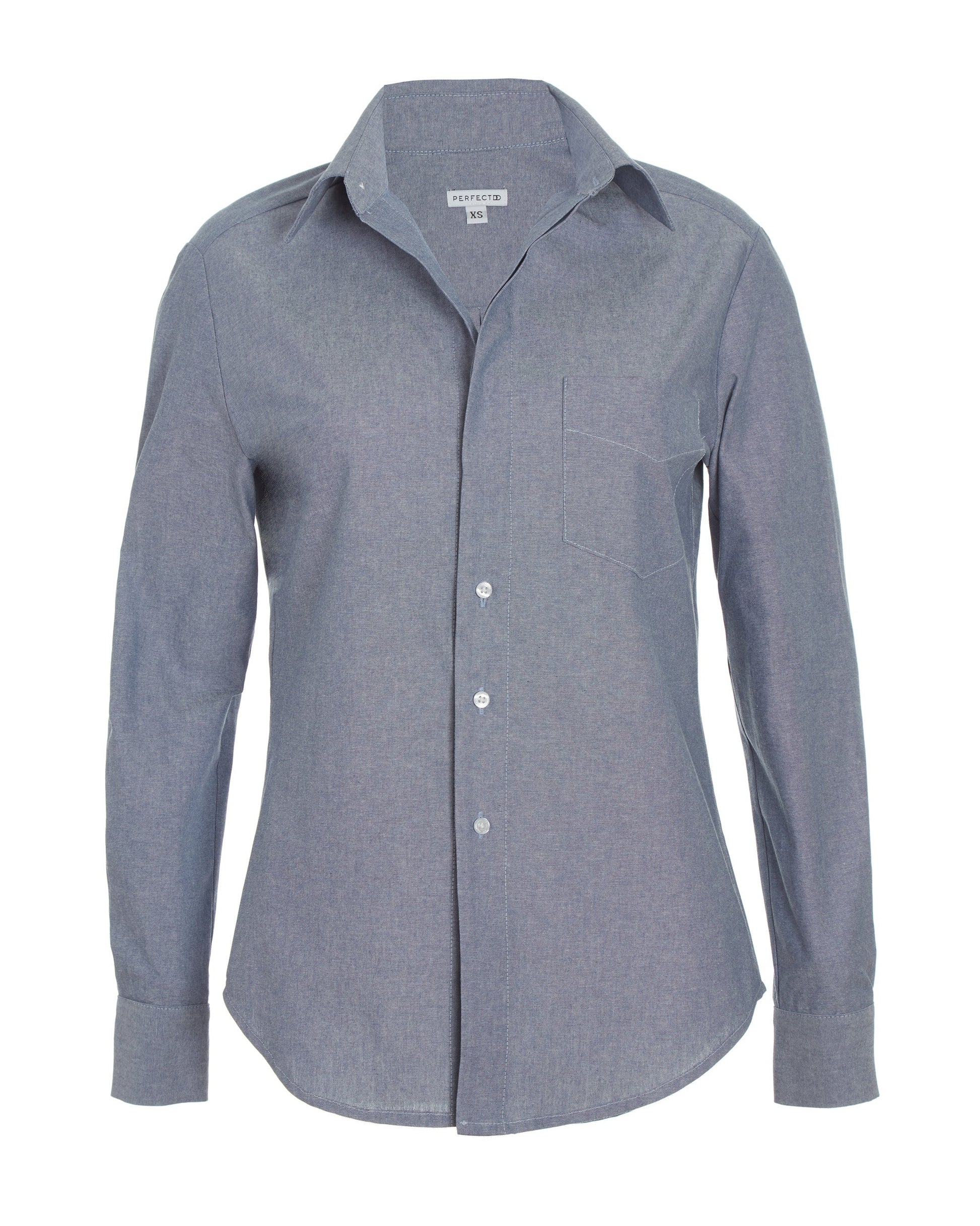 Front flat lay of chambray cotton long sleeve classic button down
