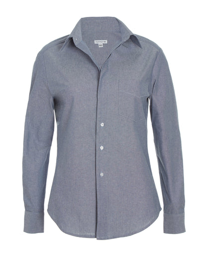 Front flat lay of chambray cotton long sleeve classic button down