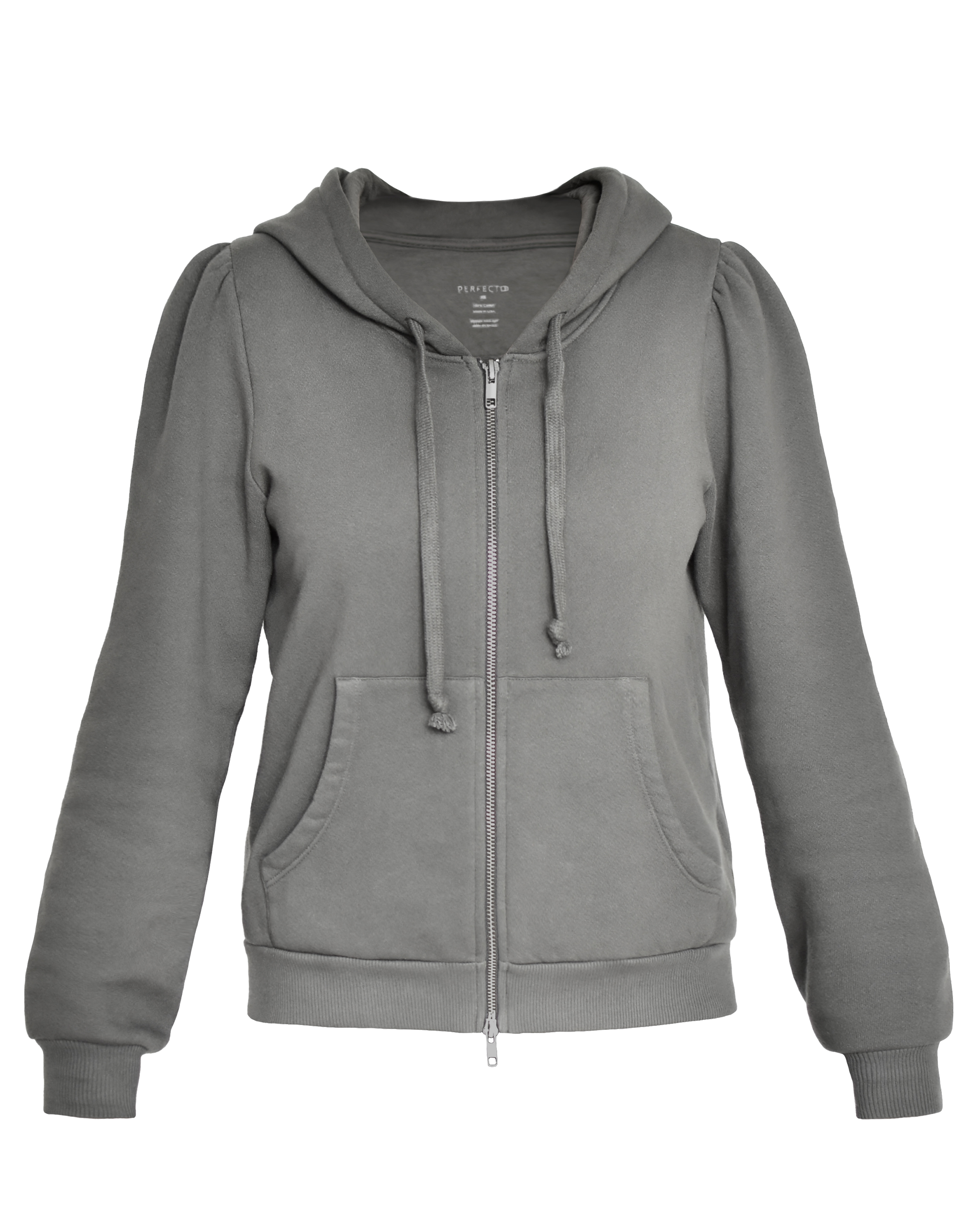 Front flat lay of Grey cotton fleece puff sleeve zip up sweatshirt