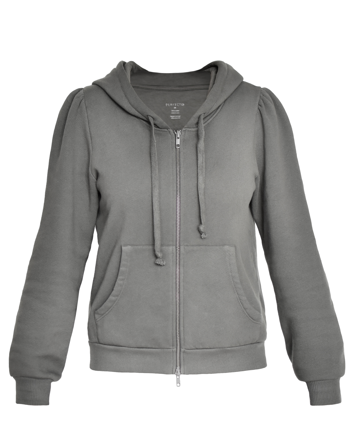 Front flat lay of Grey cotton fleece puff sleeve zip up sweatshirt